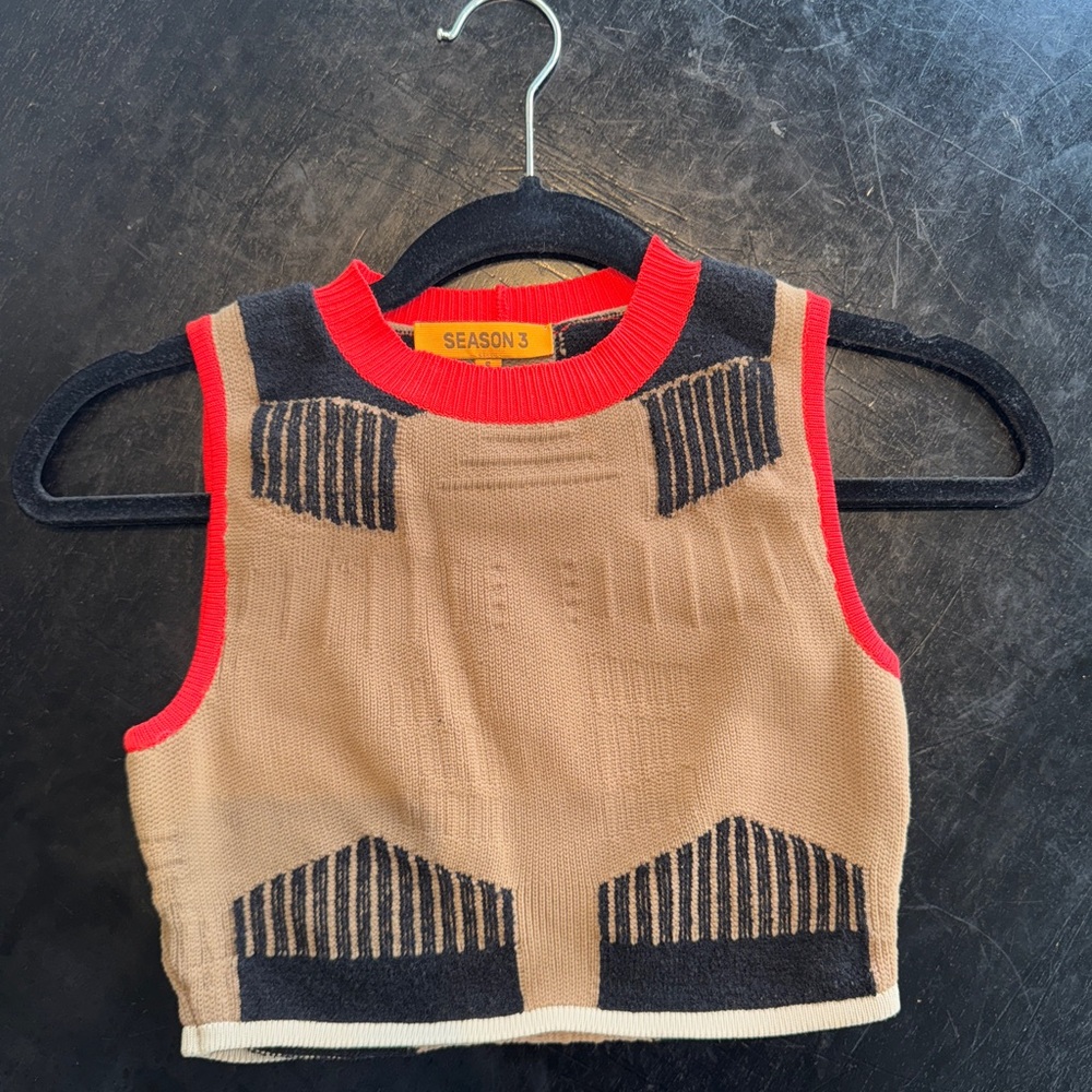 YEEZY S3 tan, red and black stretch knit crop top.